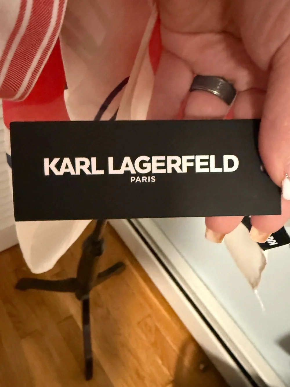 Karl Lagerfeld Cream Scarf with Red and Blue Accents and Karl Signature!
